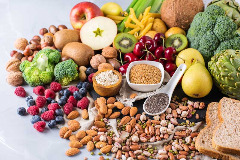 High Fiber fruits, vegetables, nuts, and bread